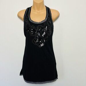 Miss Me Black Beaded Tank Top sz L Twisted Knot Racer Back Whimsigoth Grunge Y2K